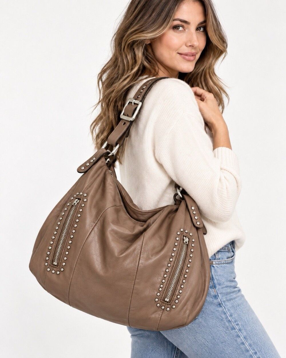 NWT B Makowsky Tan Leather Studded Hobo Shoulder Bag Large Dust Bag